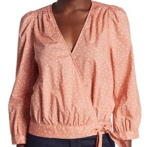 &Madewell cotton novelty star print wrap top shirt with tie and 3/4 sleeves puff